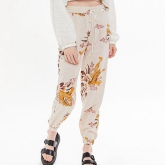 Urban Outfitters UO Drawstring Joggers Tan Floral Print Women's Size S - Picture 1 of 8